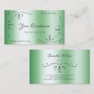 Elegant Silver Ornate Corners Chic Luminous Green Business Card