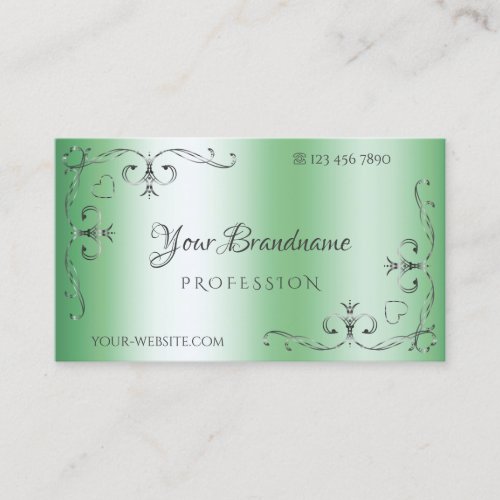 Elegant Silver Ornate Corners Chic Luminous Green Business Card