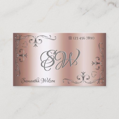 Elegant Silver Ornate Corners Initials Rose Golden Business Card