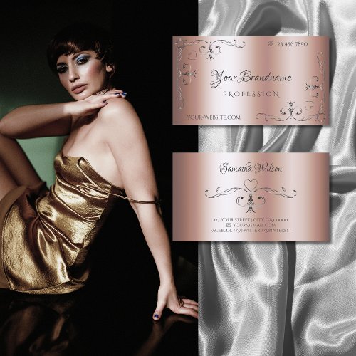 Elegant Silver Ornate Corners Luxury Rose Golden Business Card