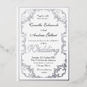 Elegant Silver Ornate FLourish Border Wedding Foil Invitation