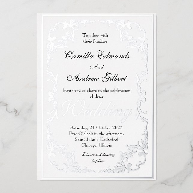 Elegant Silver Ornate FLourish Border Wedding Foil Invitation (Front)