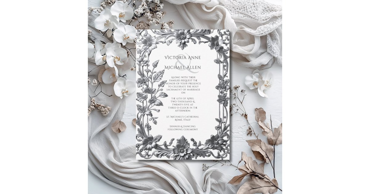 Elegant Silver Ornate Frame Wedding Invitation | Zazzle