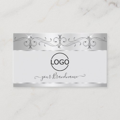 Elegant Silver Ornate Sparkling Diamonds with Logo Business Card