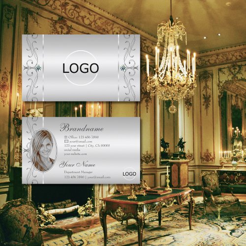 Elegant Silver Ornate Squiggled Jewels Logo  Foto Business Card