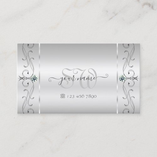 Elegant Silver Ornate Squiggled Jewels Monogram Business Card