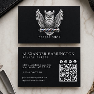 Elegant Silver Owl Barber Shop Qr Code Hair Pro Business Card