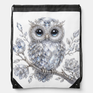 Elegant Silver Owl Botanical Magic Night Deco Drawstring Bag