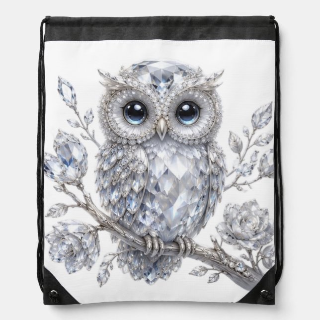 Elegant Silver Owl Botanical Magic Night Deco Drawstring Bag (Front)