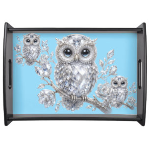 Elegant Silver Owl Botanical Magic Night Deco Serving Tray