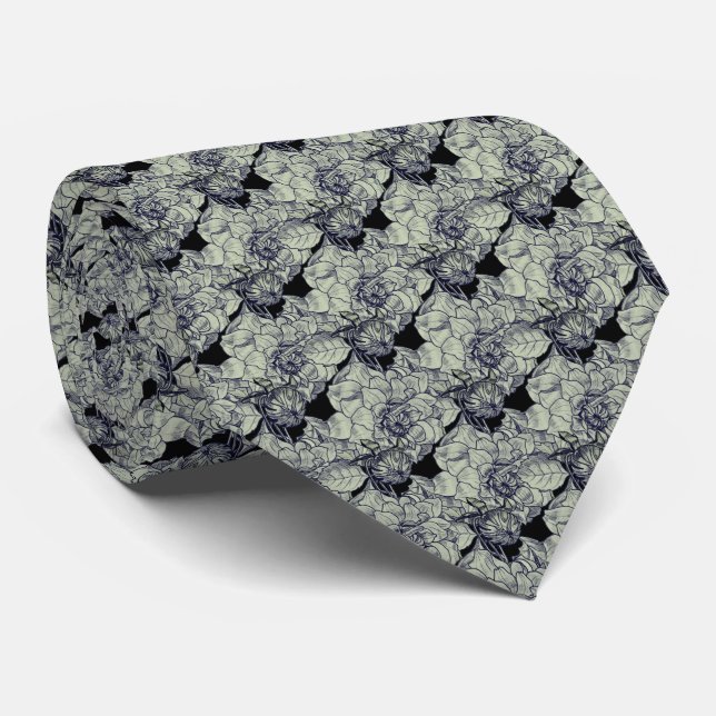 Elegant Silver Peony Flower Black Floral Pattern Neck Tie (Rolled)