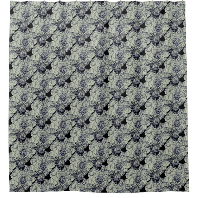 Elegant Silver Peony On Black Floral  Shower Curtain (Front)