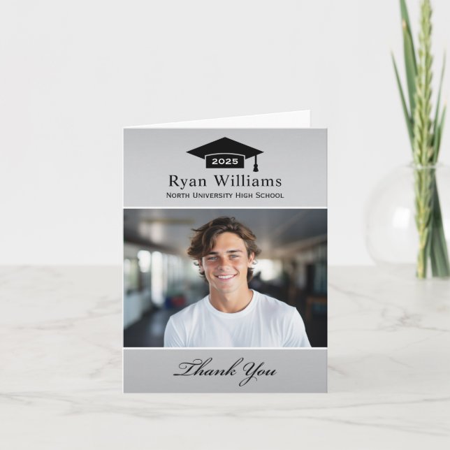 Elegant Silver Personalized Graduation Photo Thank You Card (Front)