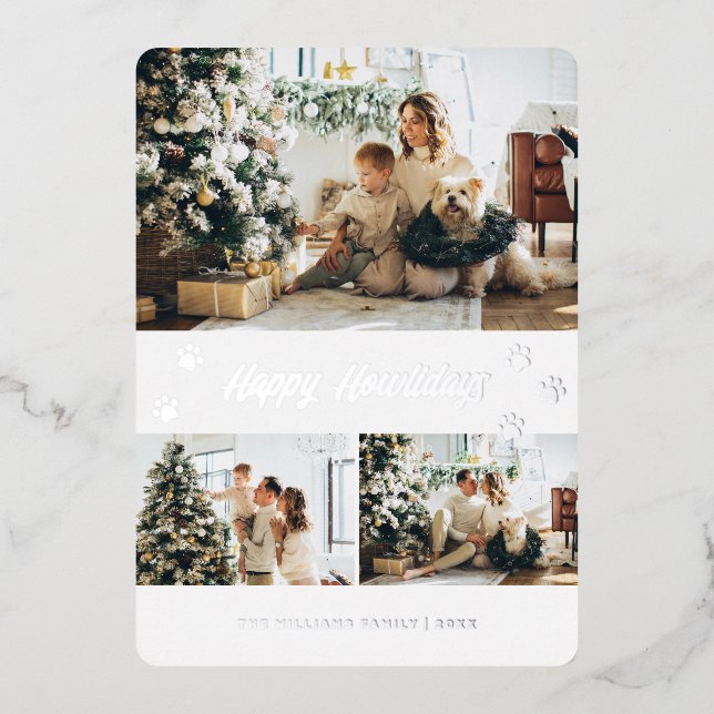 Elegant Silver Photo Happy Howlidays Paw Foil Holiday Card (Front)