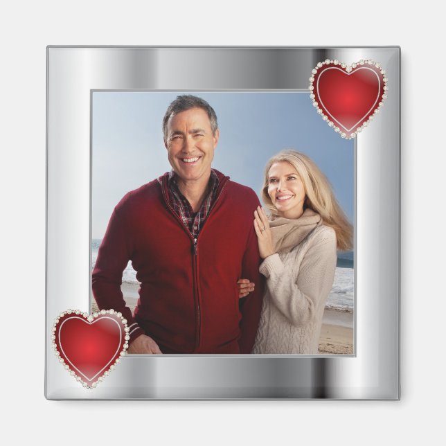 Elegant Silver Photo Red Heart Frame Magnet (Front)