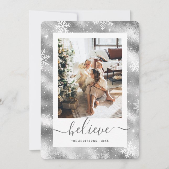 Elegant Silver Photo Snowflake Holiday Card (Front)