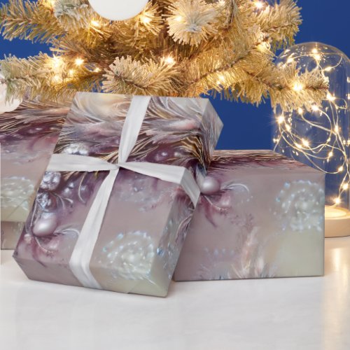 Elegant Silver Pine Boughs Jewels Pearls Christmas Wrapping Paper