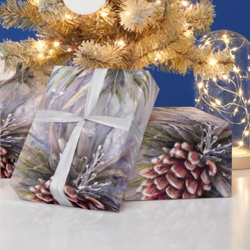 Elegant Silver Pine Boughs Jewels Pearls Christmas Wrapping Paper