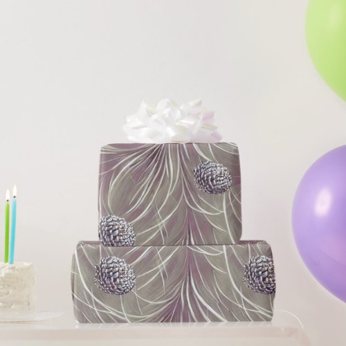 Elegant Silver Pine Cone Bough Christmas Floral Wrapping Paper