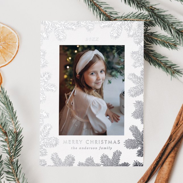 Elegant Silver Pine Frame Photo Foil Holiday Card (Creator Uploaded)