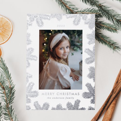 Elegant Silver Pine Frame Photo Foil Holiday Card