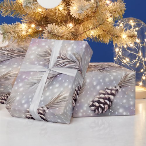 Elegant Silver  Pine Snowy Christmas Floral Wrapping Paper
