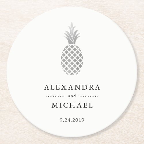 Elegant Silver Pineapple Wedding Round Paper Coaster