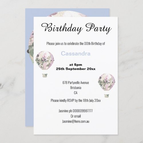 ELEGANT SILVER PINK AND WHITE HOT AIR BALLOON BLUE INVITATION