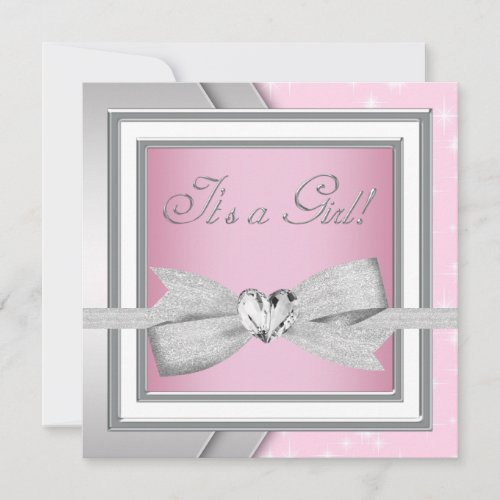 Elegant Silver Pink Baby Girl Shower Announcements