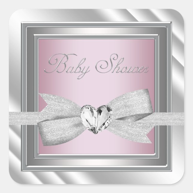Elegant Silver Pink Baby Shower Stickers (Front)