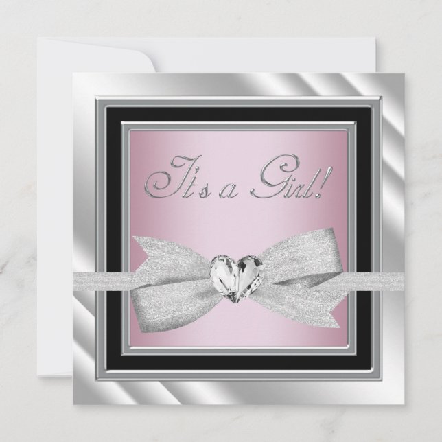 Elegant Silver Pink Black Baby Girl Shower Invitation (Front)