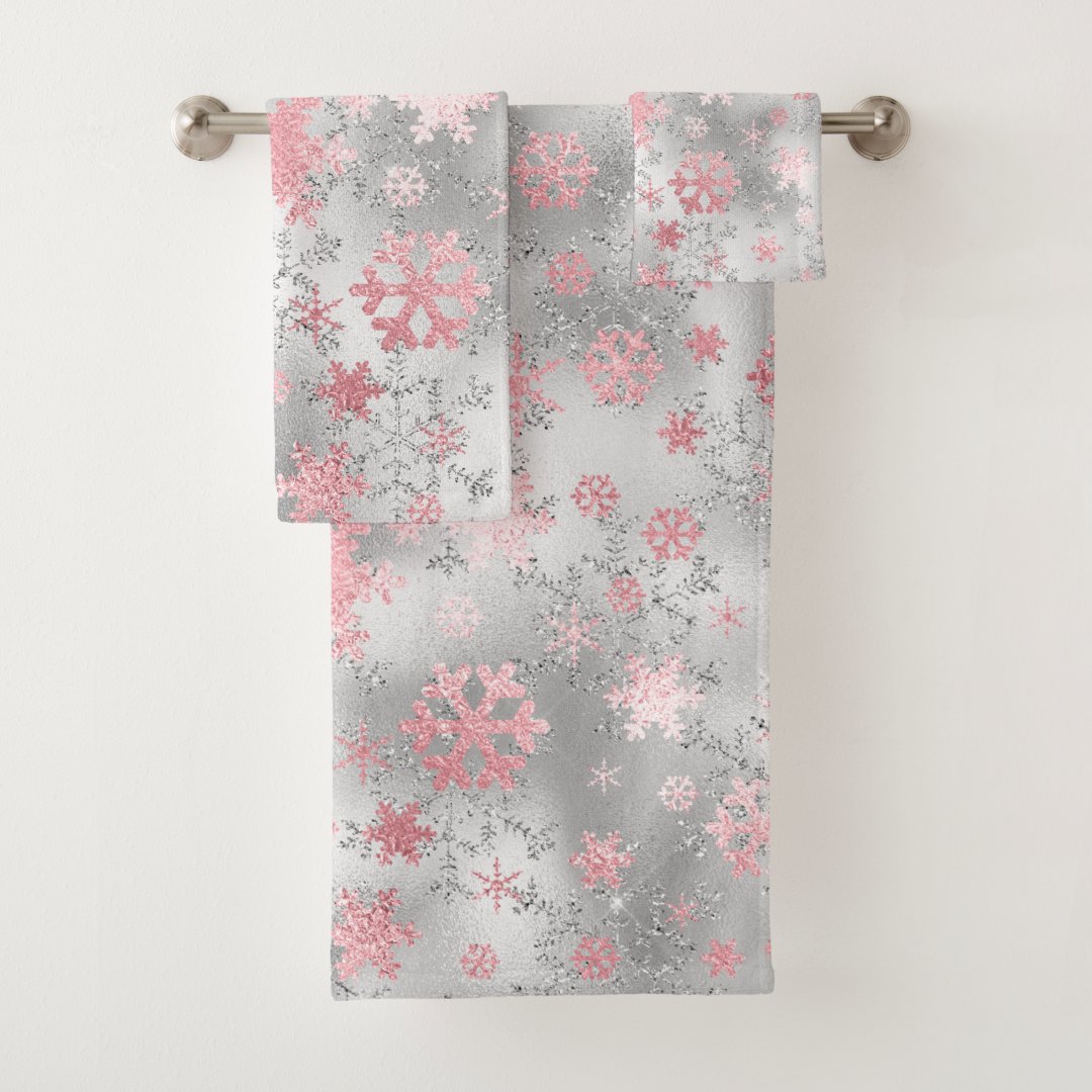 Elegant Silver Pink Christmas Snowflake Pattern Bath Towel Set | Zazzle