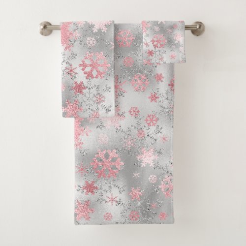 Elegant Silver Pink Christmas Snowflake Pattern Bath Towel Set