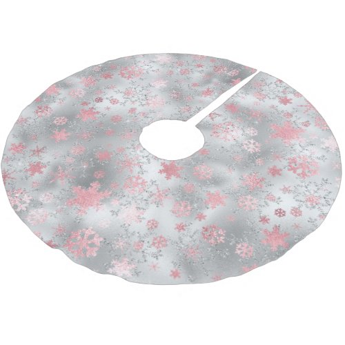 Elegant Silver Pink Christmas Snowflake Pattern Brushed Polyester Tree Skirt