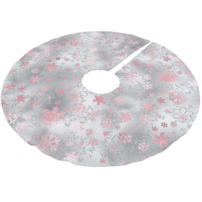 Elegant Silver Pink Christmas Snowflake Pattern Brushed Polyester Tree Skirt (Angled)