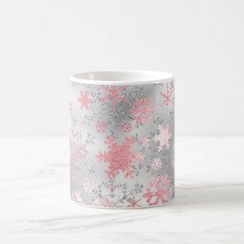 Elegant Silver Pink Christmas Snowflake Pattern Coffee Mug