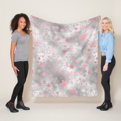 Elegant Silver Pink Christmas Snowflake Pattern Fleece Blanket