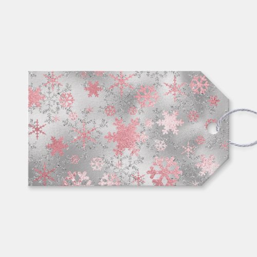 Elegant Silver Pink Christmas Snowflake Pattern Gift Tags