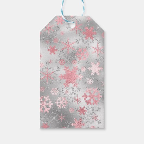 Elegant Silver Pink Christmas Snowflake Pattern Gift Tags