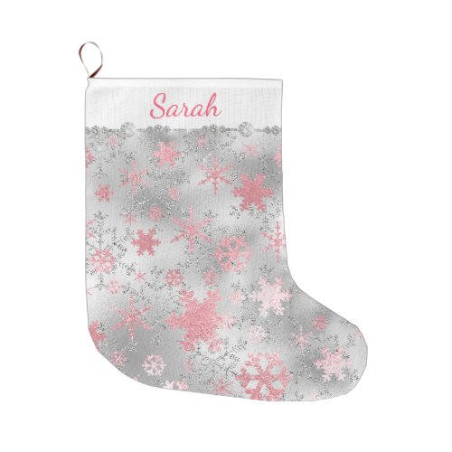 Elegant Silver Pink Christmas Snowflake Pattern Large Christmas Stocking