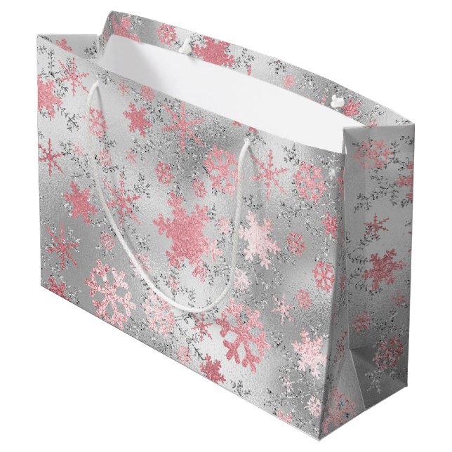 Elegant Silver Pink Christmas Snowflake Pattern Large Gift Bag (Back Angled)