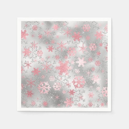 Elegant Silver Pink Christmas Snowflake Pattern Napkins