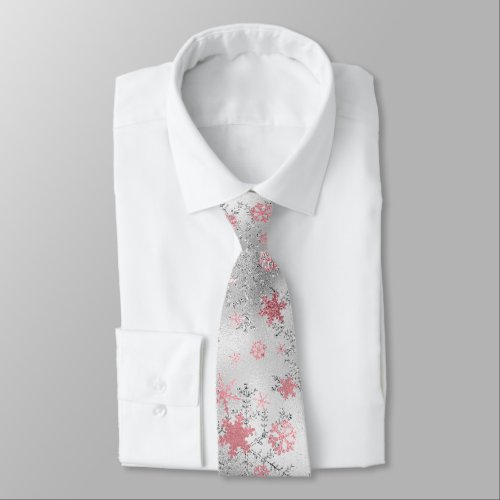 Elegant Silver Pink Christmas Snowflake Pattern Neck Tie