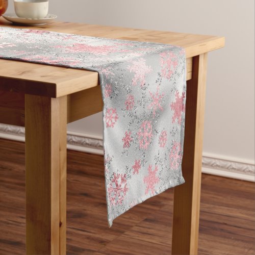 Elegant Silver Pink Christmas Snowflake Pattern Short Table Runner