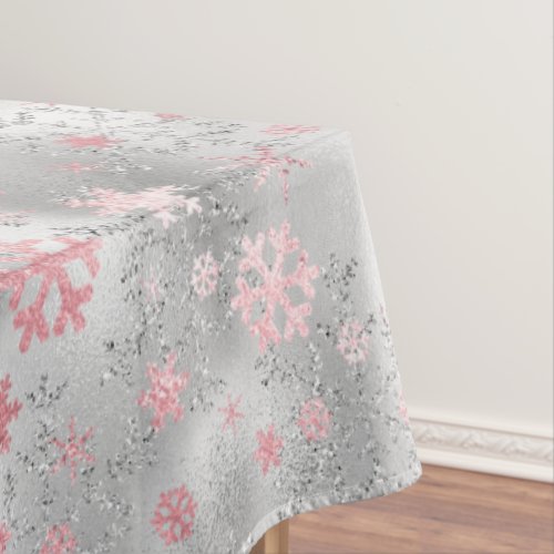 Elegant Silver Pink Christmas Snowflake Pattern Tablecloth