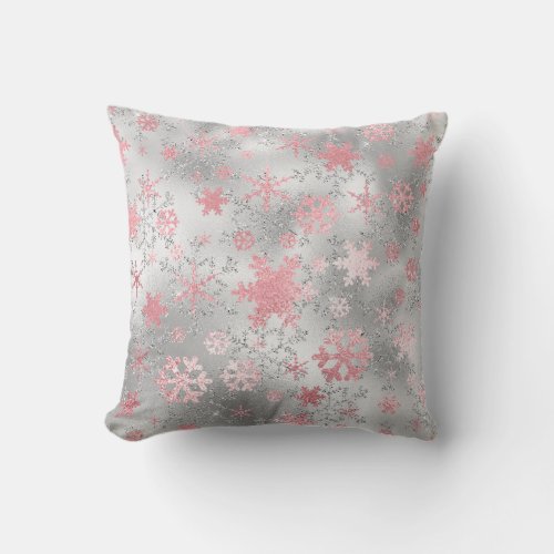 Elegant Silver Pink Christmas Snowflake Pattern Throw Pillow