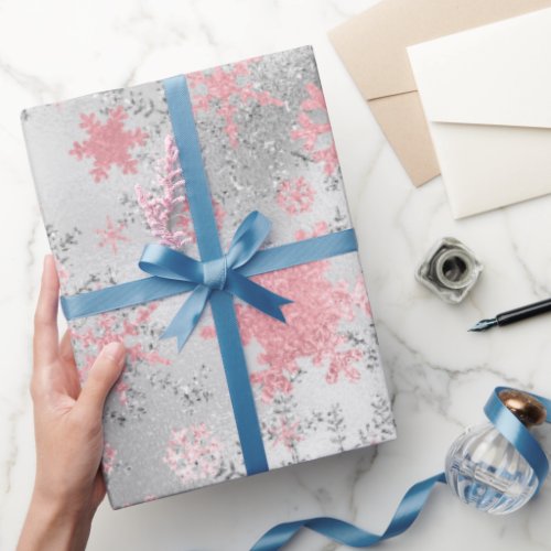 Elegant Silver Pink Christmas Snowflake Pattern Wrapping Paper