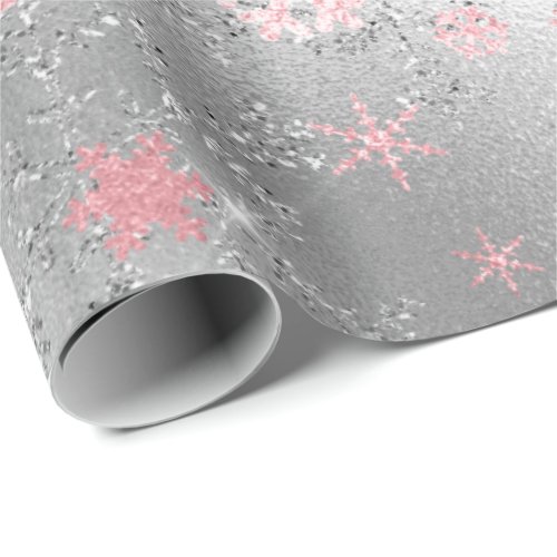 Elegant Silver Pink Christmas Snowflake Pattern Wrapping Paper