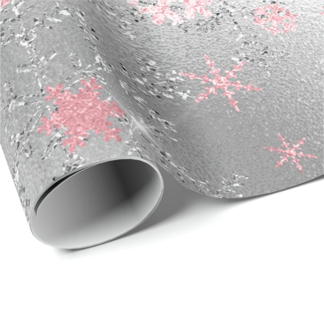 Elegant Silver Pink Christmas Snowflake Pattern Wrapping Paper (Roll Corner)