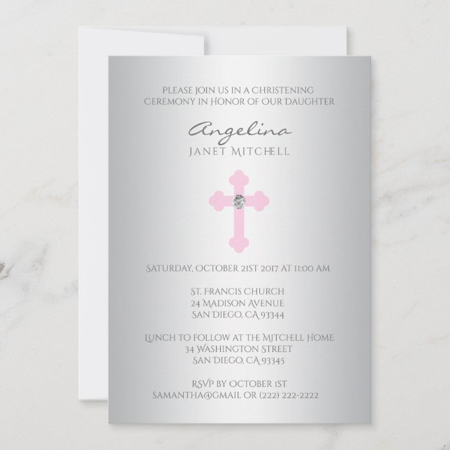Elegant Silver Pink Cross Girl Baptism Christening Invitation (Front)